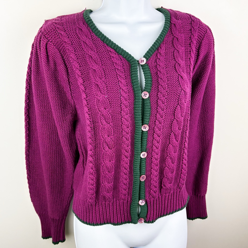 Vintage 100% Cotton Puff Sleeve Cropped Cardigan Sweater Magenta Purple Green
